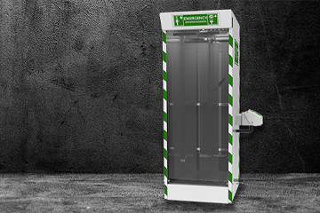 Hughes cubicle emergency safety shower with strip screens and externally mounted eye wash