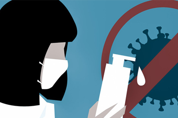 Illustration of a person in a facemask holding a bottle of hand sanitiser with coronavirus in a circle with a line through behind