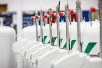 Row of Hughes mobile safety showers with eye wash