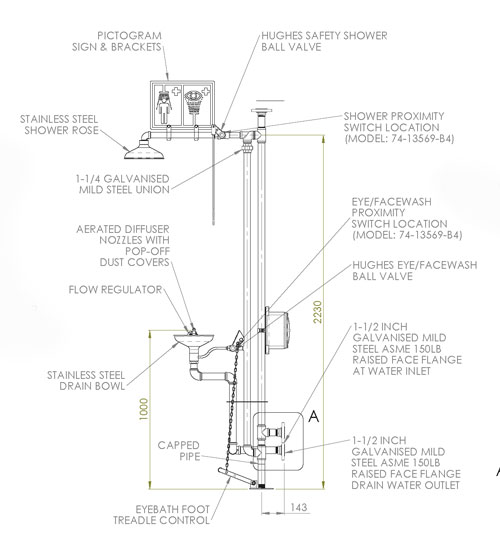 General drawing of Hughes EXP-18G/85G safety shower