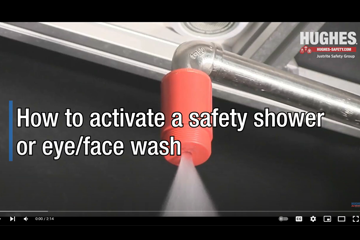 First frame of a video. Activated shower nozzle in the background. Text reads How to activate a safety shower or eye/face wash. First frame of a video. Activated Hughes safety shower nozzle in the background. Text reads How to activate a safety shower or eye/face wash.