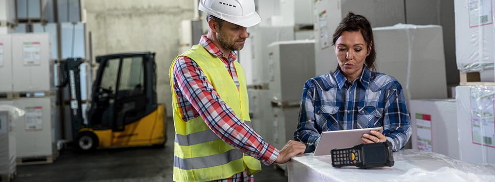 two logistics professionals meeting in the warehouse