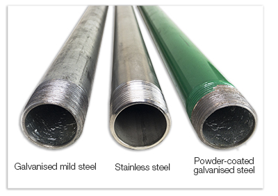 cross section of galvanised mild steel, stainless steel and powder coated galvanised steel