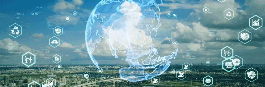 Digitally generated globe and environmental symbols in front of city landscape