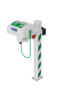 Trace tape heated pedestal mounted eye wash with ASA closed bowl and integral handheld shower