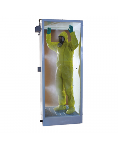 Worker in PPE using Hughes decontamination cubicle shower