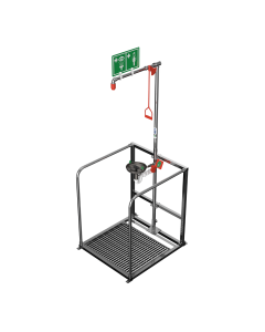 Unheated safety shower with stainless steel open bowl eye wash within a protective single frame