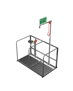 Unheated safety shower and a separate stainless steel open bowl eye wash within a protective double frame