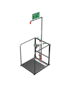 Self-draining safety shower with open bowl eye wash within a protective single frame