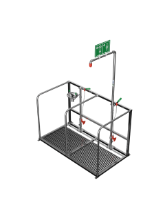 Self-draining safety shower and separate stainless steel open bowl eye wash within a protective double frame