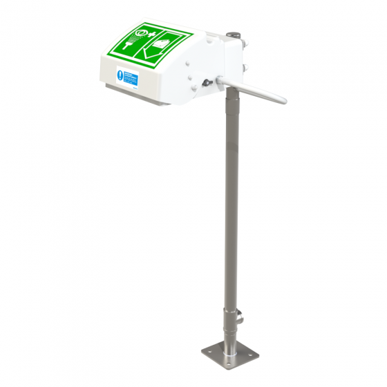 Hughes stainless steel pedestal mounted eye wash with ABS lid