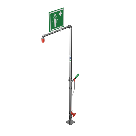 Self-draining safety shower with stainless steel pipework