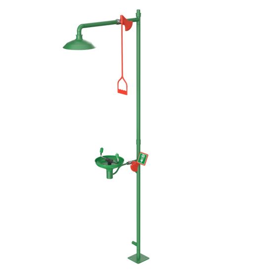 Floor mounted laboratory safety shower with eye wash