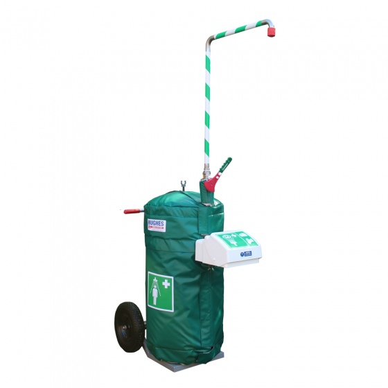 Jacketed 114L mobile safety shower and eye wash unit from Hughes