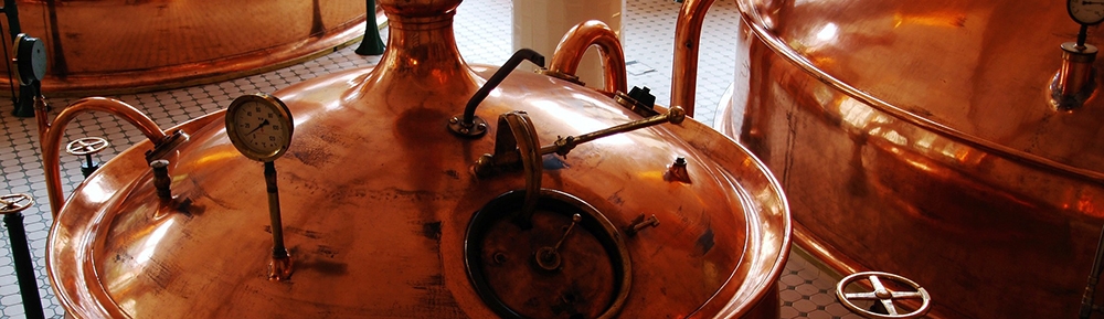 copper brew kettles inside brewery