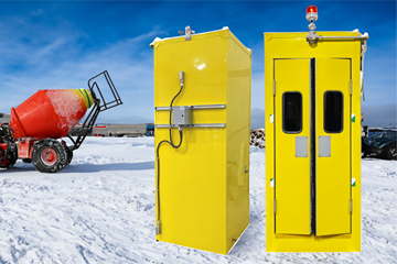 Hughes 450-liter temperature controlled unit and polar cubicle safety shower on snowy industrial work site